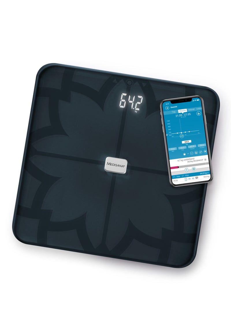 medisana BS 450 connect digital body analysis scale 180 kg / 396 lbs black personal scale for measuring body fat body water muscle mass and bone weight body fat scale with body analysis app - Image 1