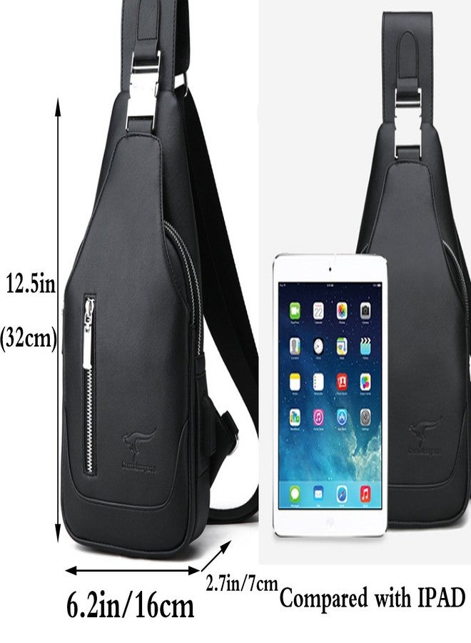 Rullar Mens PU Leather Sling Bags Chest Shoulder Crossbody Messenger Business Backpack Travel Hiking Casual Daypack Purse Black - Image 3