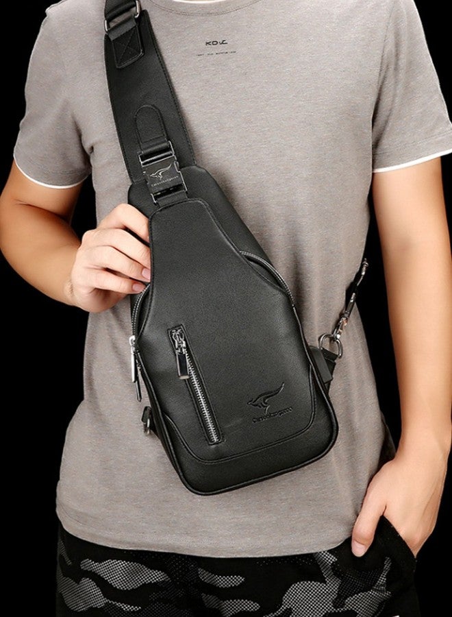 Rullar Mens PU Leather Sling Bags Chest Shoulder Crossbody Messenger Business Backpack Travel Hiking Casual Daypack Purse Black - Image 2
