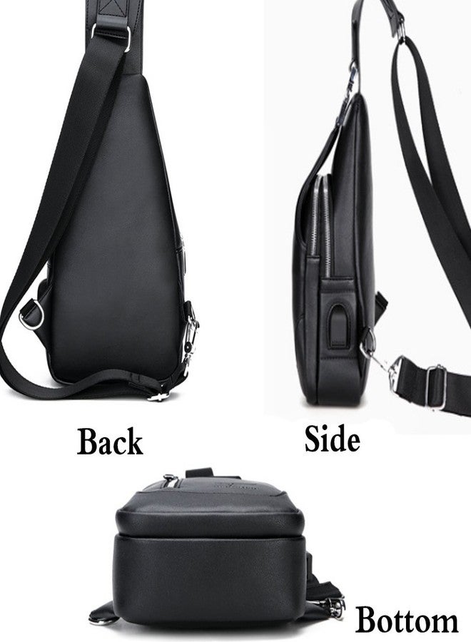 Rullar Mens PU Leather Sling Bags Chest Shoulder Crossbody Messenger Business Backpack Travel Hiking Casual Daypack Purse Black - Image 4