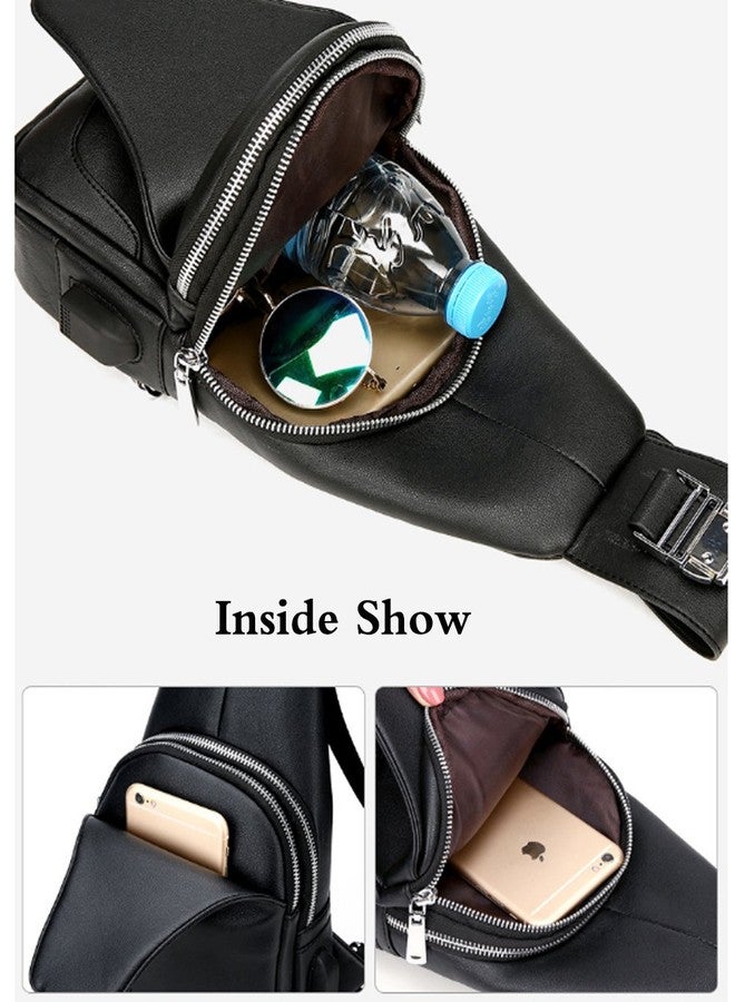 Rullar Mens PU Leather Sling Bags Chest Shoulder Crossbody Messenger Business Backpack Travel Hiking Casual Daypack Purse Black - Image 5