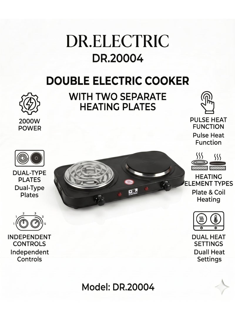 DR.ELECTRIC Double electric hob, 2000 watts, stone and spiral surface, black, model DR20004 - Image 1