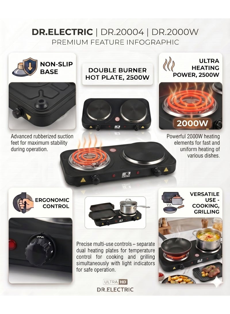 DR.ELECTRIC Double electric hob, 2000 watts, stone and spiral surface, black, model DR20004 - Image 5