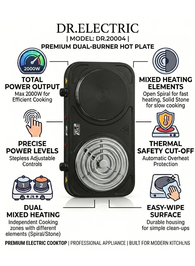 DR.ELECTRIC Double electric hob, 2000 watts, stone and spiral surface, black, model DR20004 - Image 2