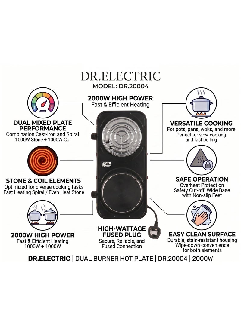 DR.ELECTRIC Double electric hob, 2000 watts, stone and spiral surface, black, model DR20004 - Image 4