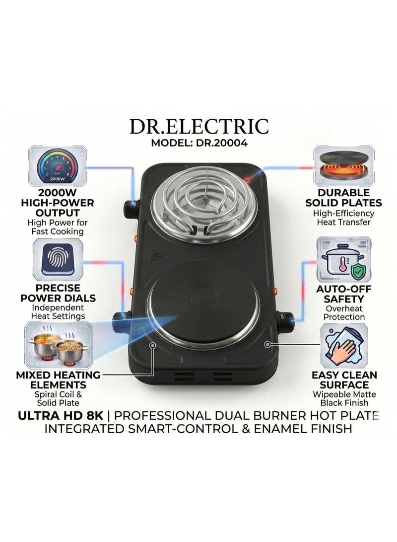 DR.ELECTRIC Double electric hob, 2000 watts, stone and spiral surface, black, model DR20004 - Image 3