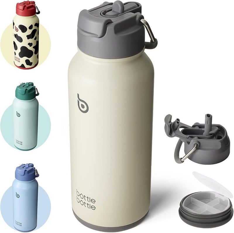 BOTTLE BOTTLE 32 oz Insulated Water Bottle Stainless Steel Sport Water Bottle with Straw Dual-use Lid Design for Gym with Pill Box (gray) - Image 1