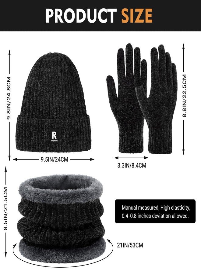 Pleneal Winter Beanie Hat Circle Scarf Gloves Set for Men Women, Thick Warm Chenille Skull Cap Touchscreen Gloves Neck Warmer - Image 3