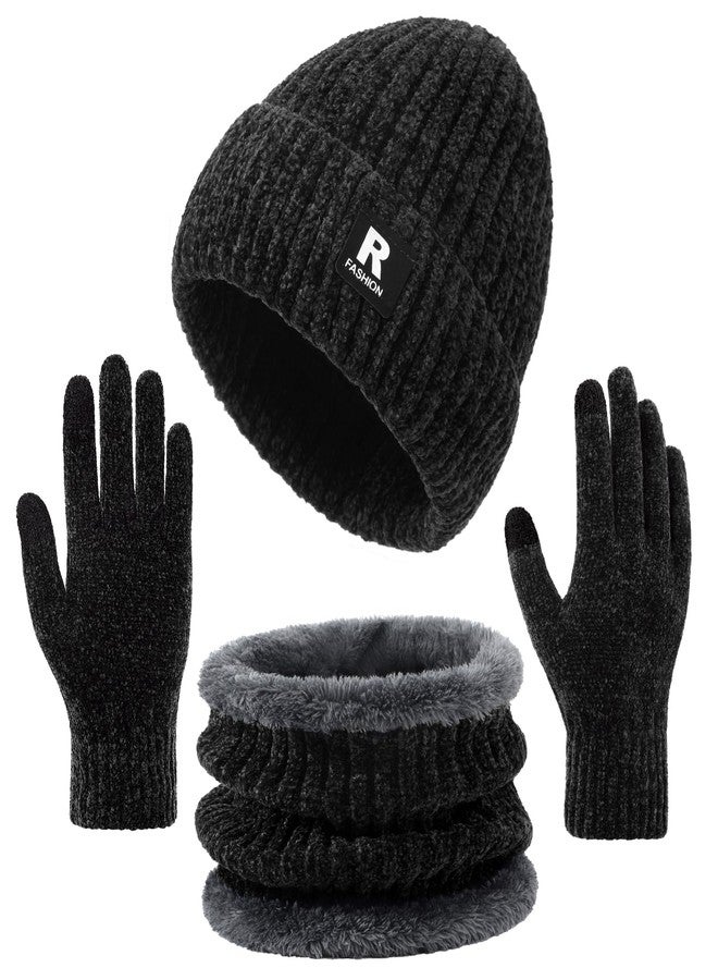 Pleneal Winter Beanie Hat Circle Scarf Gloves Set for Men Women, Thick Warm Chenille Skull Cap Touchscreen Gloves Neck Warmer - Image 1