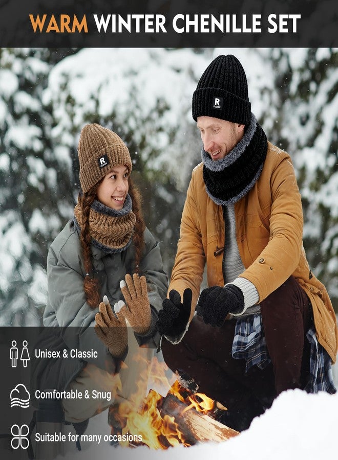 Pleneal Winter Beanie Hat Circle Scarf Gloves Set for Men Women, Thick Warm Chenille Skull Cap Touchscreen Gloves Neck Warmer - Image 2