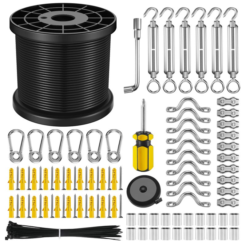 NEREUS String Light Hanging Kit with 200 Ft Vinyl Coated 304 Stainless Steel Cable, String Light Suspension Kit, Guide Wire with Turnbuckles and Hooks for Patio, Backyard Lighting Accessories - Image 1