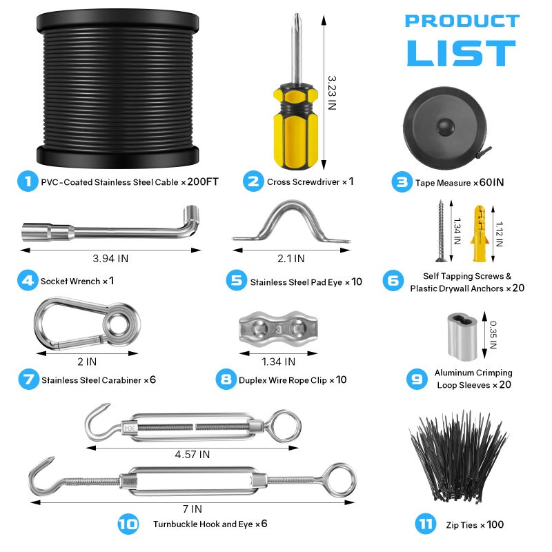 NEREUS String Light Hanging Kit with 200 Ft Vinyl Coated 304 Stainless Steel Cable, String Light Suspension Kit, Guide Wire with Turnbuckles and Hooks for Patio, Backyard Lighting Accessories - Image 2