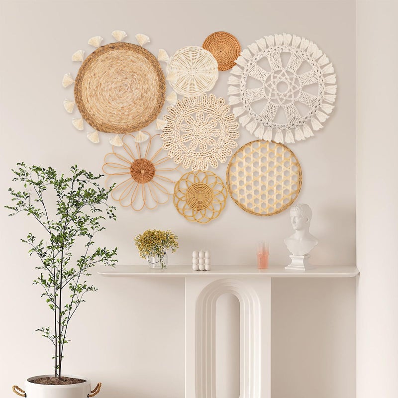 LOCS MICRAI Boho Wall Basket Decor Set of 8 - Flat Woven Basket Wall Hanging Decor,Round Tassels White Macrame Tapestry Wall Decor Art,Handmade Rattan Wicker Seagrass Home Wall Baskets Decorï¼ˆBoho Classic) - Image 5