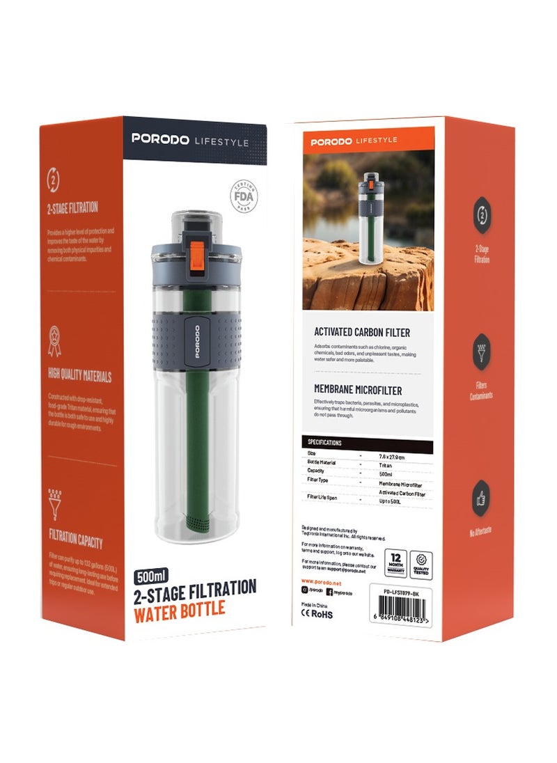 porodo - Water Bottle with 2-Stage Filtration and Straw Filter 600ml / Filters Contaminants / No Aftertaste / High Quality / Membrane Microfilter / Activated Carbon Filter / Outdoor / Camping Bottle - Black - Image 1
