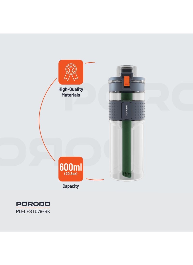 porodo - Water Bottle with 2-Stage Filtration and Straw Filter 600ml / Filters Contaminants / No Aftertaste / High Quality / Membrane Microfilter / Activated Carbon Filter / Outdoor / Camping Bottle - Black - Image 1