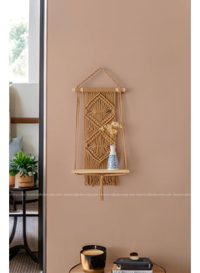 انتيكيانو رف معلق على الحائط بخيوط مكرمية.. ديكور حائط بوهيمي لغرفة النوم - فن جداري من حبل مكرمية منسوج كديكور لرف - Image 3