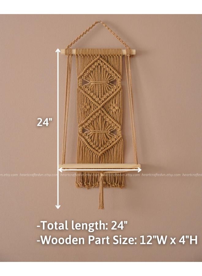 انتيكيانو رف معلق على الحائط بخيوط مكرمية.. ديكور حائط بوهيمي لغرفة النوم - فن جداري من حبل مكرمية منسوج كديكور لرف - Image 2