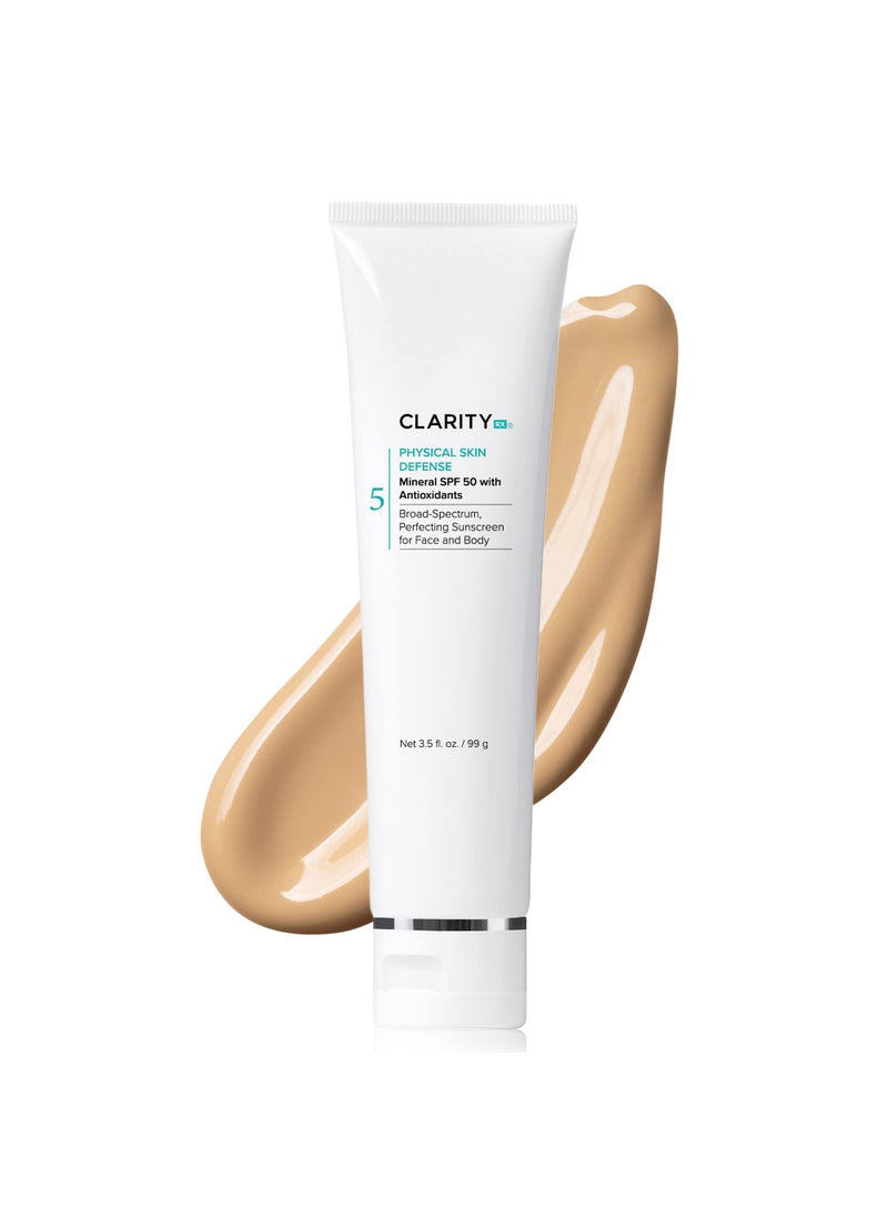 ClarityRx - ClarityRx Physical Skin Defense Tinted Mineral SPF 50 Moisturizing Sunscreen, Natural Plant-Based Water-Resistant UV Protection with Zinc & Hyaluronic Acid for Face & Body (3.5 oz) - Image 1
