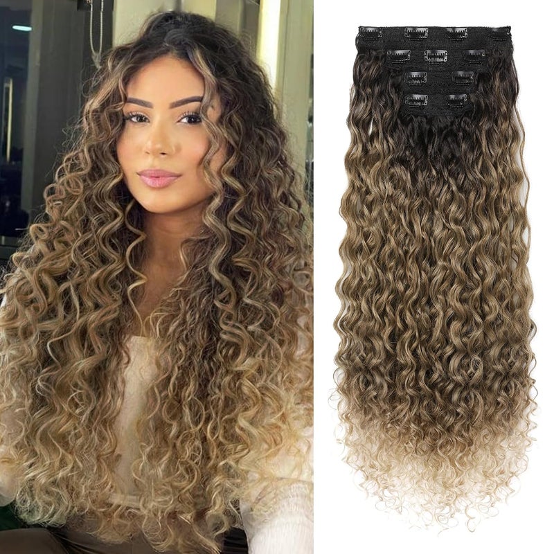 LONAI 4PC Clip in Hair Extensions 100 Pure Protein Silk Curly Hair Extension for Women 26 Inch Long Soft Natural Hair ExtensionsDark Brown to Medium Brown Light Roots