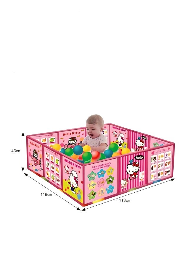 هالو كيتي سياج ألعاب للأطفال قابل للطي – ملعب آمن للعب والتسلية مزود بجدران تعليمية برسومات كرتونية ملونة، خيمة ألعاب للأطفال مع كرات ملونة – بيت لعب – للمنزل والحديقة - Image 3