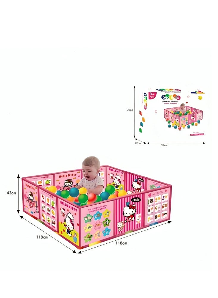 هالو كيتي سياج ألعاب للأطفال قابل للطي – ملعب آمن للعب والتسلية مزود بجدران تعليمية برسومات كرتونية ملونة، خيمة ألعاب للأطفال مع كرات ملونة – بيت لعب – للمنزل والحديقة - Image 2