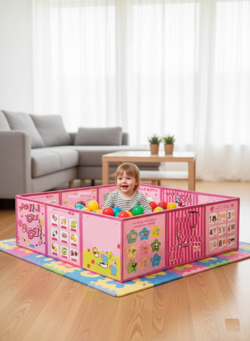 هالو كيتي سياج ألعاب للأطفال قابل للطي – ملعب آمن للعب والتسلية مزود بجدران تعليمية برسومات كرتونية ملونة، خيمة ألعاب للأطفال مع كرات ملونة – بيت لعب – للمنزل والحديقة - Image 1