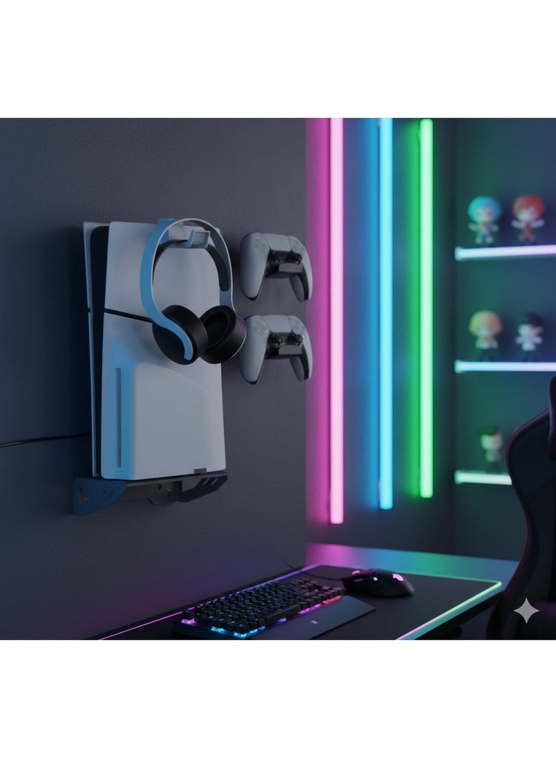 ASA Wall Mount Bracket for PlayStation 5 & PS5 Slim (Disc & Digital) – Heavy Duty Steel Wall Mount with 2 Controller Holders and Headset Hook, Space-Saving Gaming Setup – Black - Image 2
