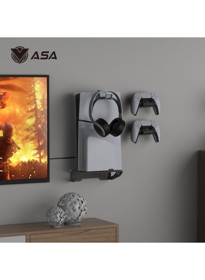 ASA Wall Mount Bracket for PlayStation 5 & PS5 Slim (Disc & Digital) – Heavy Duty Steel Wall Mount with 2 Controller Holders and Headset Hook, Space-Saving Gaming Setup – Black - Image 1