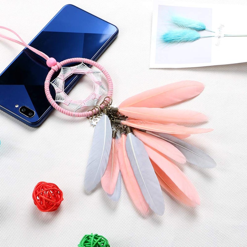 Alynsehom Dream Catcher Car Rearview Mirror Hanging Accessories Handmade Grids Pink Feather Car Charms Pendant Bedroom Decor 2.8"" Diameter (Pink Feather) - Image 2