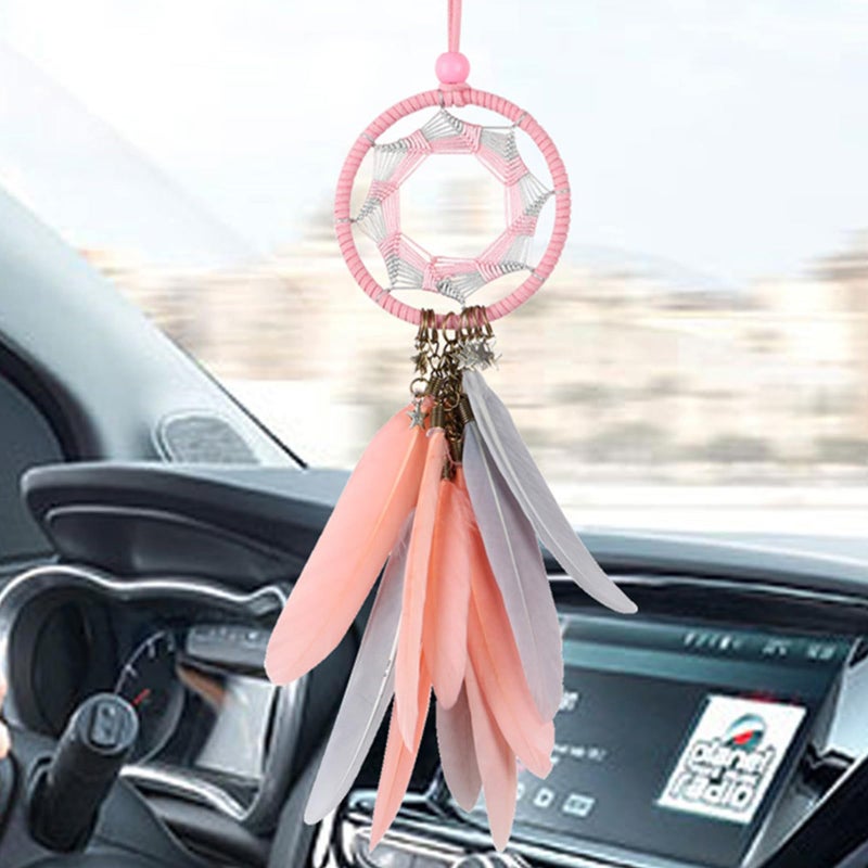 Alynsehom Dream Catcher Car Rearview Mirror Hanging Accessories Handmade Grids Pink Feather Car Charms Pendant Bedroom Decor 2.8"" Diameter (Pink Feather) - Image 1