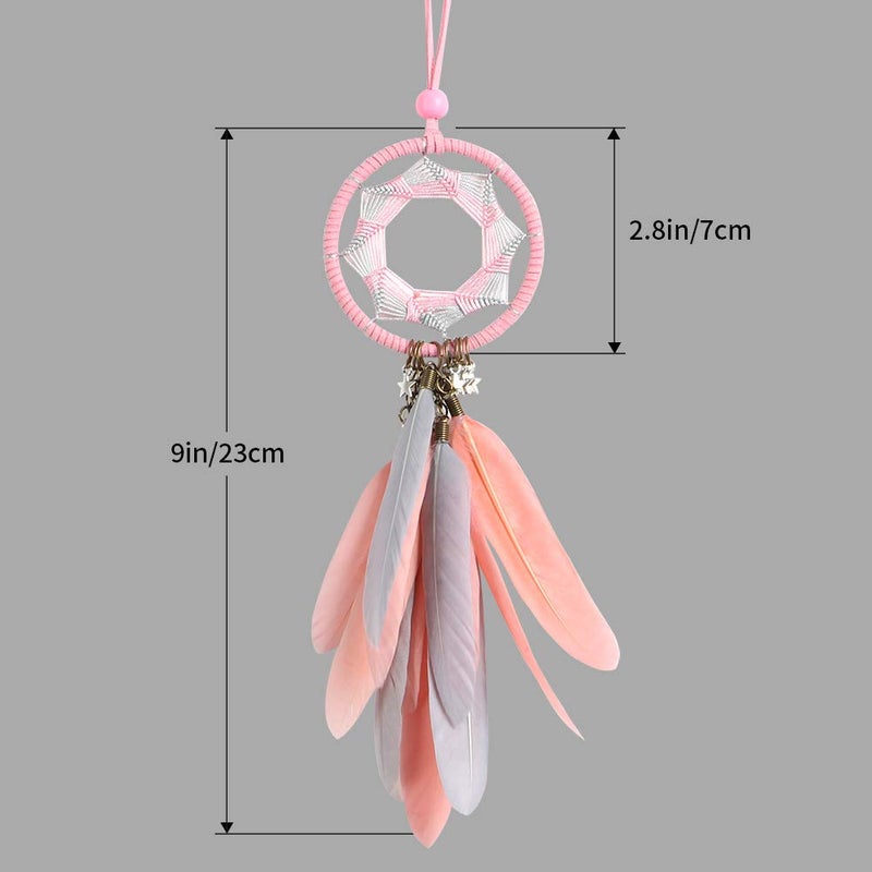Alynsehom Dream Catcher Car Rearview Mirror Hanging Accessories Handmade Grids Pink Feather Car Charms Pendant Bedroom Decor 2.8"" Diameter (Pink Feather) - Image 4