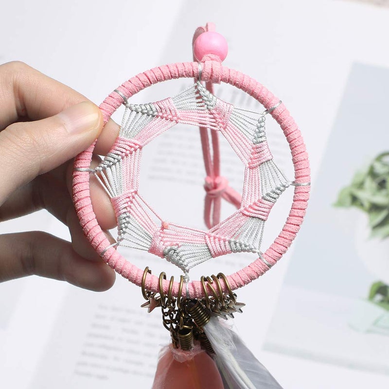 Alynsehom Dream Catcher Car Rearview Mirror Hanging Accessories Handmade Grids Pink Feather Car Charms Pendant Bedroom Decor 2.8"" Diameter (Pink Feather) - Image 5