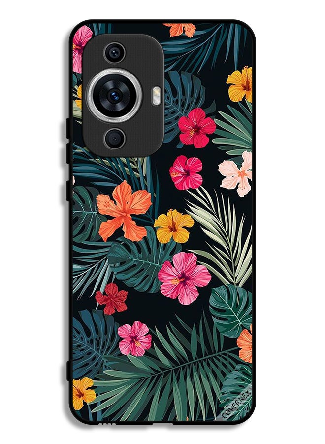 Covernex غطاء حماية لهاتف هواوي نوفا 12 اس بطبعات زهور متعددة الألوان وريش أخضر داكن - Image 1