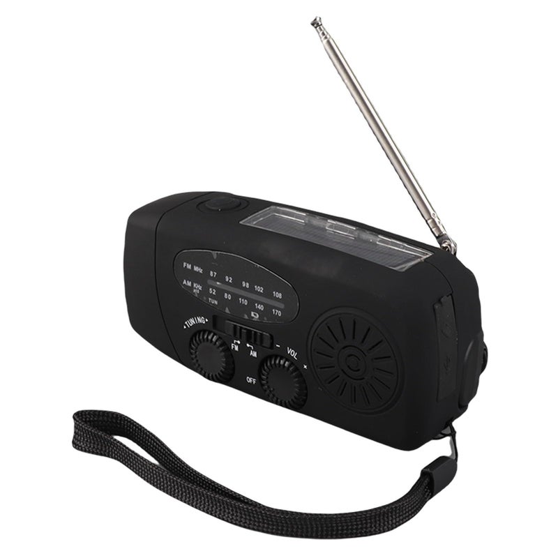 راديو شمسي يدوي مع كرنك يدوي وفلاش ليد AM FM WB USB محمول للطوارئ أسود موديل ياباني - Image 2