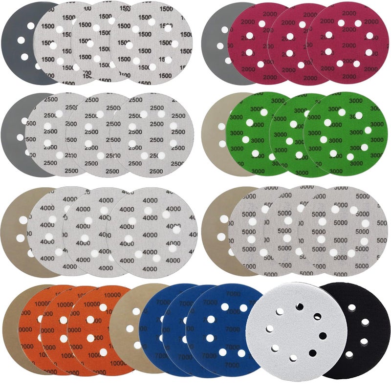 CKFCXC 32pcs Sandpaper 8 Hole 5 inch Sanding Discs Hook and Loop 1500-10000 Grits Wet Dry Sandpaper with 2pcs Interface Pads for Random Orbital Sander Automotive Metal Polishing - Image 1