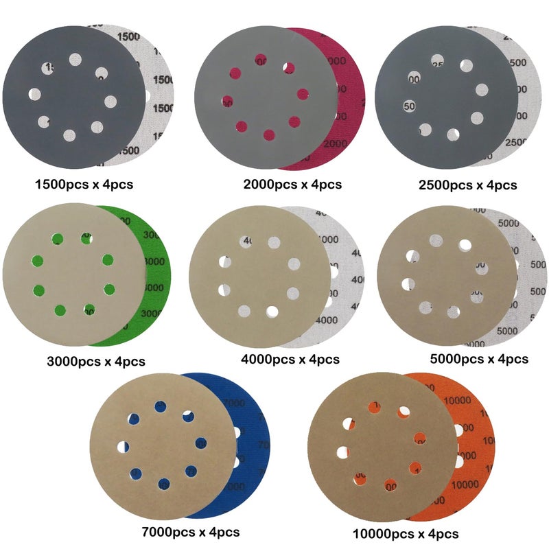 CKFCXC 32pcs Sandpaper 8 Hole 5 inch Sanding Discs Hook and Loop 1500-10000 Grits Wet Dry Sandpaper with 2pcs Interface Pads for Random Orbital Sander Automotive Metal Polishing - Image 2