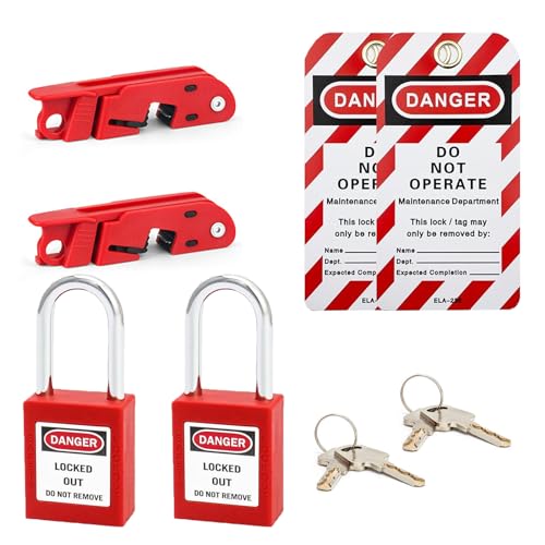 PILISPARK Circuit Breaker Lockout,Red Electrical Box Circuit Breaker Lockout,Tagout Breaker Box Lock for 110-240v Standard Single and Double Toggles,OSHA Compliant (2 Set with Lock) - Image 1