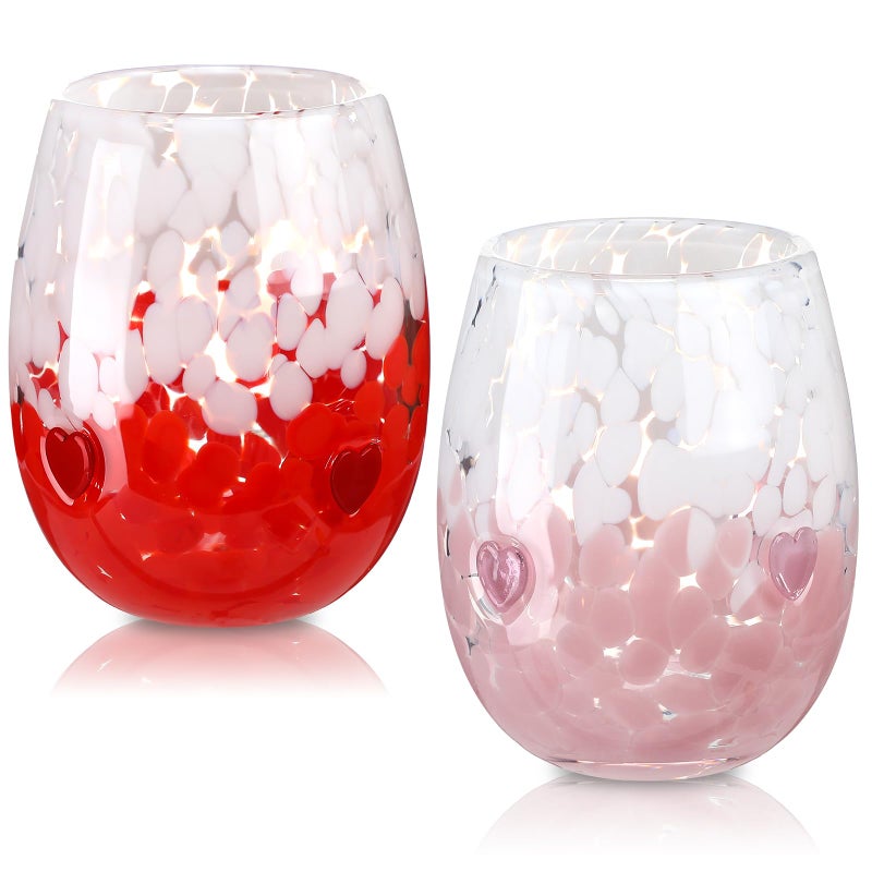 Potchen 2 Pcs 16 oz Valentines Icon Juice Glasses Heart Icon Stemless Wine Glass Cups Pink Red Heart Drinking Cups Anthropology Glassware Set for Gifts Valentines Weddings Romantic Party Decor - Image 1