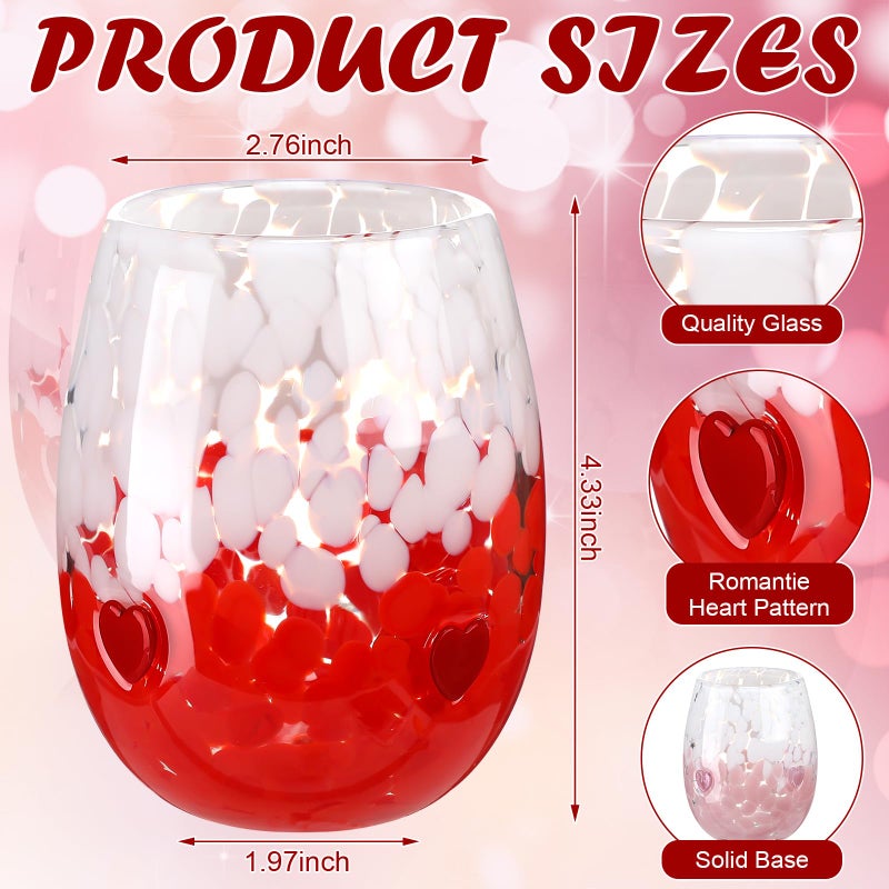 Potchen 2 Pcs 16 oz Valentines Icon Juice Glasses Heart Icon Stemless Wine Glass Cups Pink Red Heart Drinking Cups Anthropology Glassware Set for Gifts Valentines Weddings Romantic Party Decor - Image 3