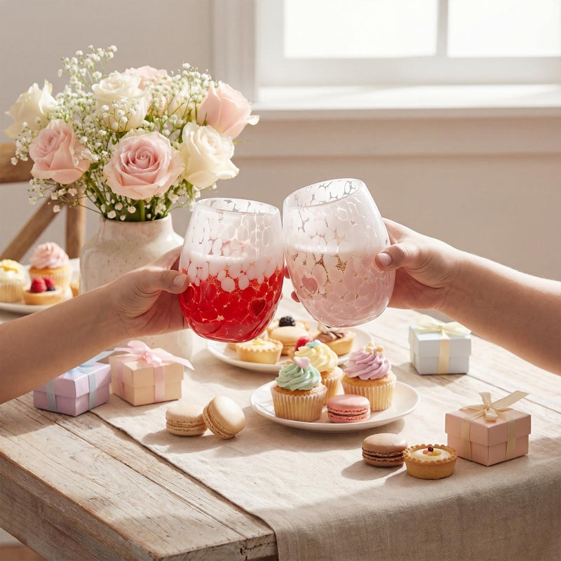 Potchen 2 Pcs 16 oz Valentines Icon Juice Glasses Heart Icon Stemless Wine Glass Cups Pink Red Heart Drinking Cups Anthropology Glassware Set for Gifts Valentines Weddings Romantic Party Decor - Image 5