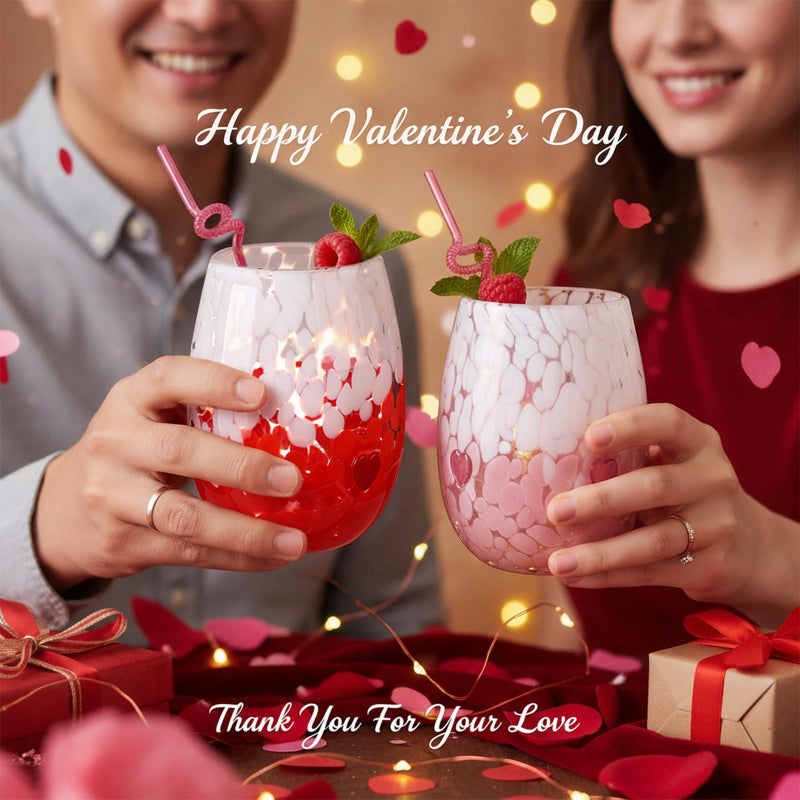 Potchen 2 Pcs 16 oz Valentines Icon Juice Glasses Heart Icon Stemless Wine Glass Cups Pink Red Heart Drinking Cups Anthropology Glassware Set for Gifts Valentines Weddings Romantic Party Decor - Image 2