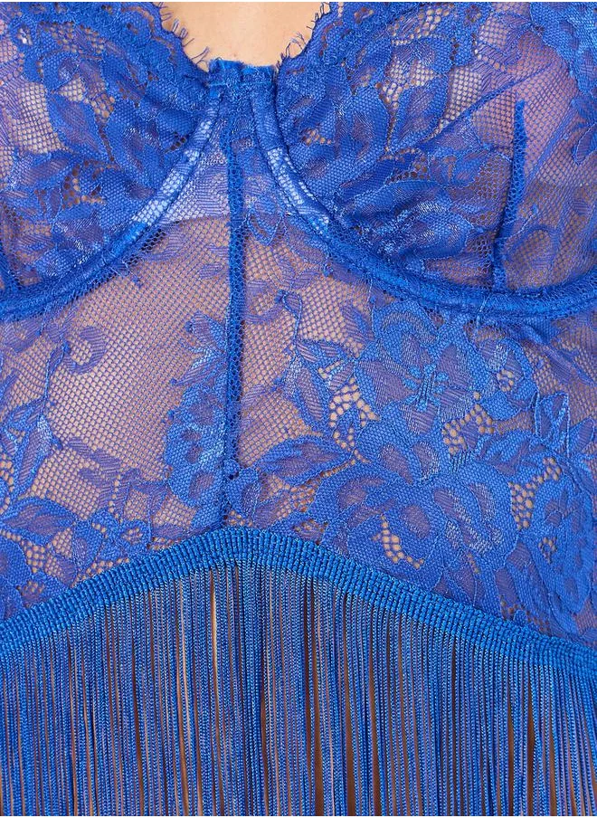 Styli All Over Lace Underwired Fringe Detail Babydoll and Lace Thong Set