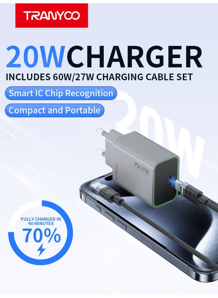 ترانيوو شاحن سريع 20 وات بكابل سي الى نوع سي متوافق مع متوافق مع آيفون وآيباد 14 13 12 SE 11 برو ماكس  XS XR( رمادي) - Image 2