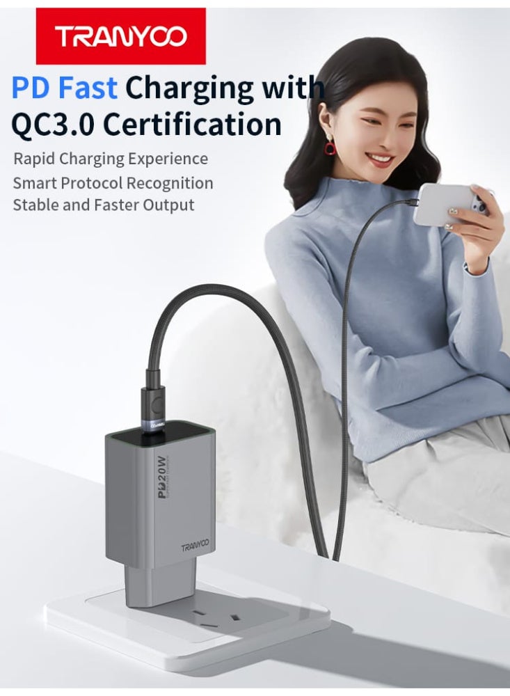 ترانيوو شاحن سريع 20 وات بكابل سي الى نوع سي متوافق مع متوافق مع آيفون وآيباد 14 13 12 SE 11 برو ماكس  XS XR( رمادي) - Image 4