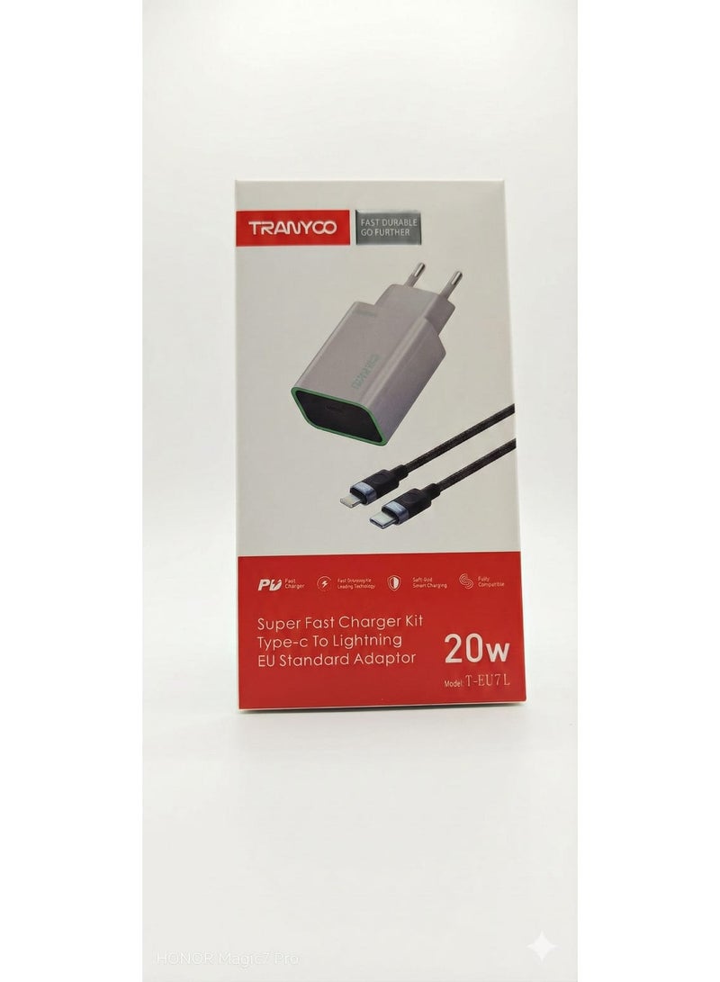 ترانيوو شاحن سريع 20 وات بكابل سي الى نوع سي متوافق مع متوافق مع آيفون وآيباد 14 13 12 SE 11 برو ماكس  XS XR( رمادي) - Image 1