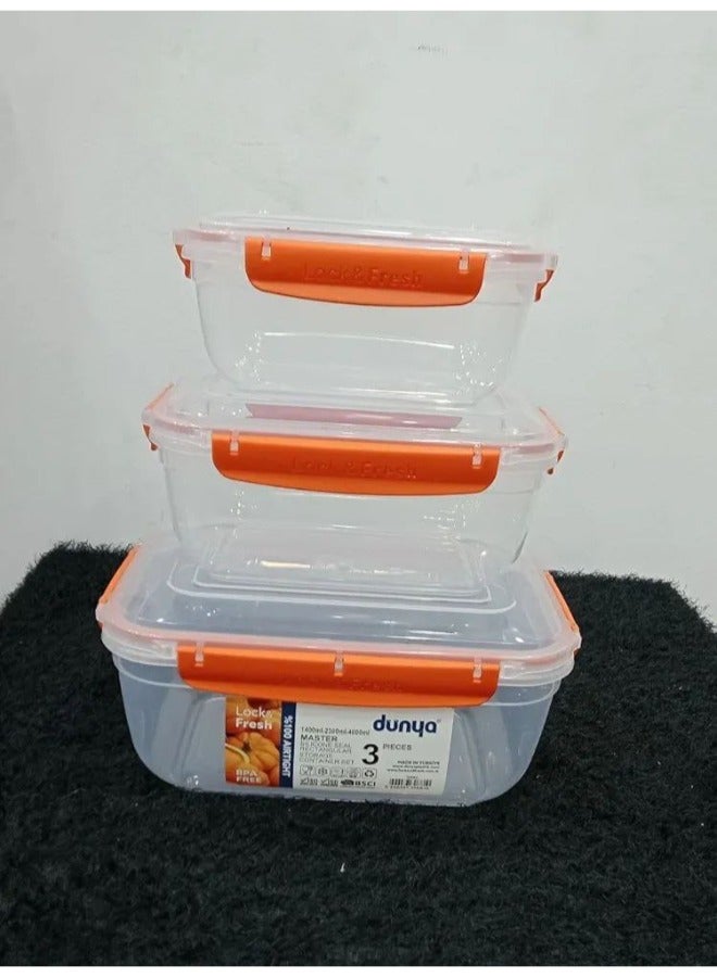 دنيا بلاستيك Dunia Fresh & Lock   مجموعة حاويات تخزين الطعام في الثلاجة البرتقالي ذات الشكل المربع3 قطع - مع غطاء محكم - خالية من مادة BPA - (900-1500-2400) ML مللي لتر - Image 1
