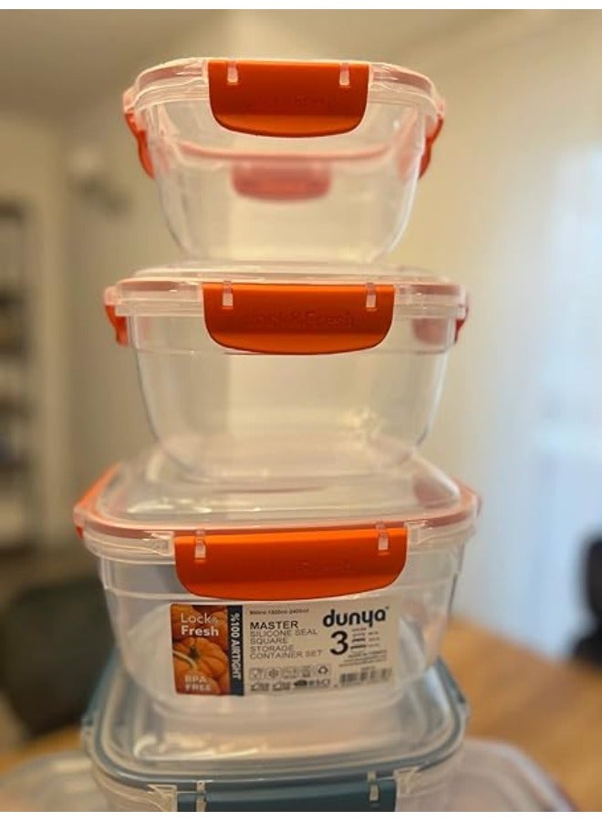 دنيا بلاستيك Dunia Fresh & Lock   مجموعة حاويات تخزين الطعام في الثلاجة البرتقالي ذات الشكل المربع3 قطع - مع غطاء محكم - خالية من مادة BPA - (900-1500-2400) ML مللي لتر - Image 4