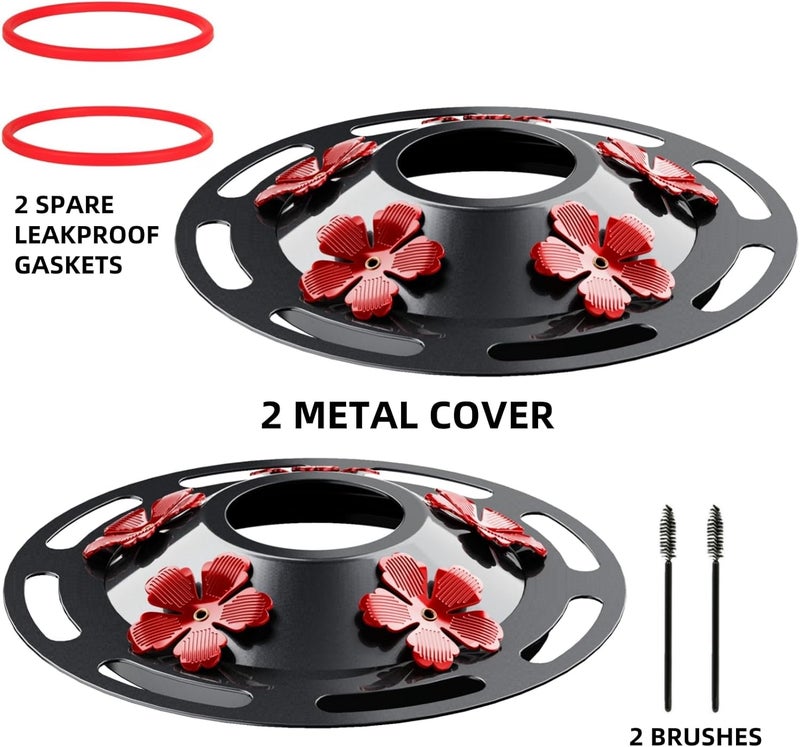 WOSIBO 2 Pack Hummingbird Feeder Bottom Base Large Metal Covers with 2Pcs Seal Rings and Brushes Hummingbird Feeder Accessories Replacement Part No Nectar Base Compatible with Glass Bottle Base (2, Black-2) - Image 2