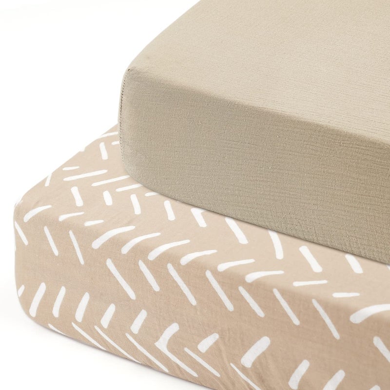 شراشف سرير الأطفال من قماش الموسلين الناعم 2 عبوة 100 قطن لشراشف سرير الأطفال للأولاد والبنات تناسب مراتب السرير القياسية 52 × 28 لون بني مخطط