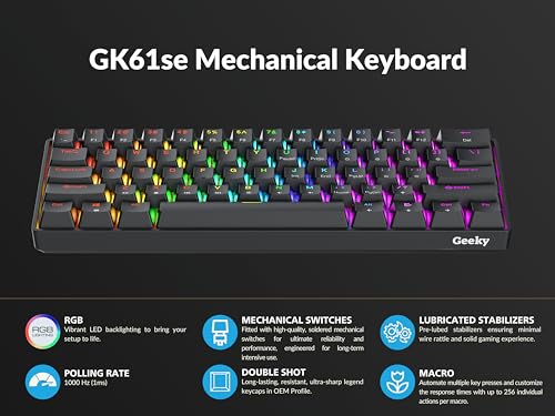 Geeky GK61 SE 60% | Mechanical Gaming Keyboard | 61 Keys Multi Color RGB LED Backlit for PC/Mac Gamer | ANSI US American Layout (Black, Mechanical Red) - Image 5